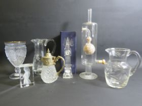 Mixed glass lot including a unusual pot still whiskey bottle, Crystal glass big ben etc.