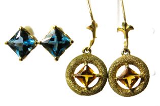 Two Pairs of 9ct Gold mount earrings. One pair set with citrene, one pair set with Topaz. See photos