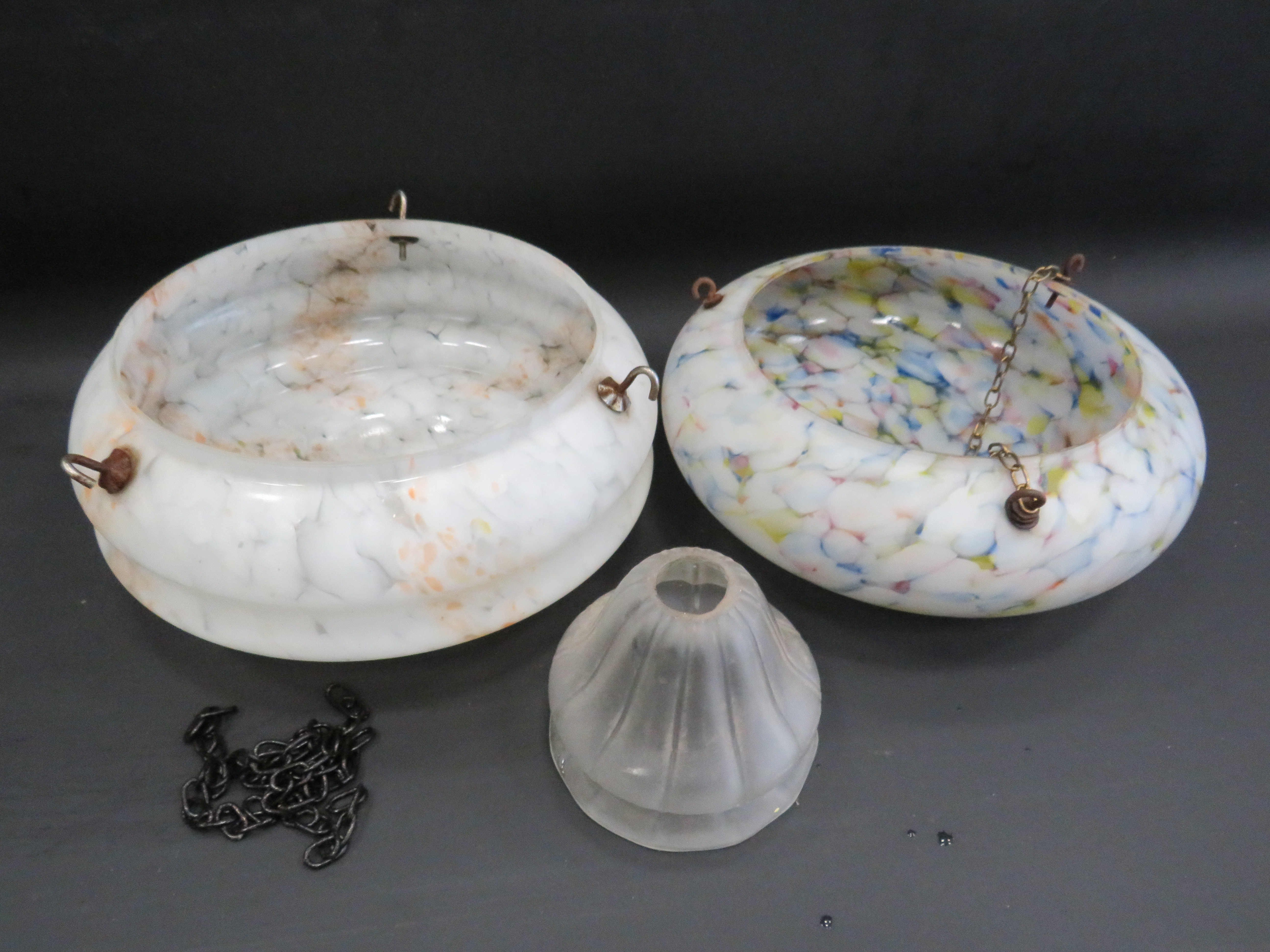 2 Art deco glass flycatcher light shades both approx 12" diameter plus 1 small frosted glass shade.