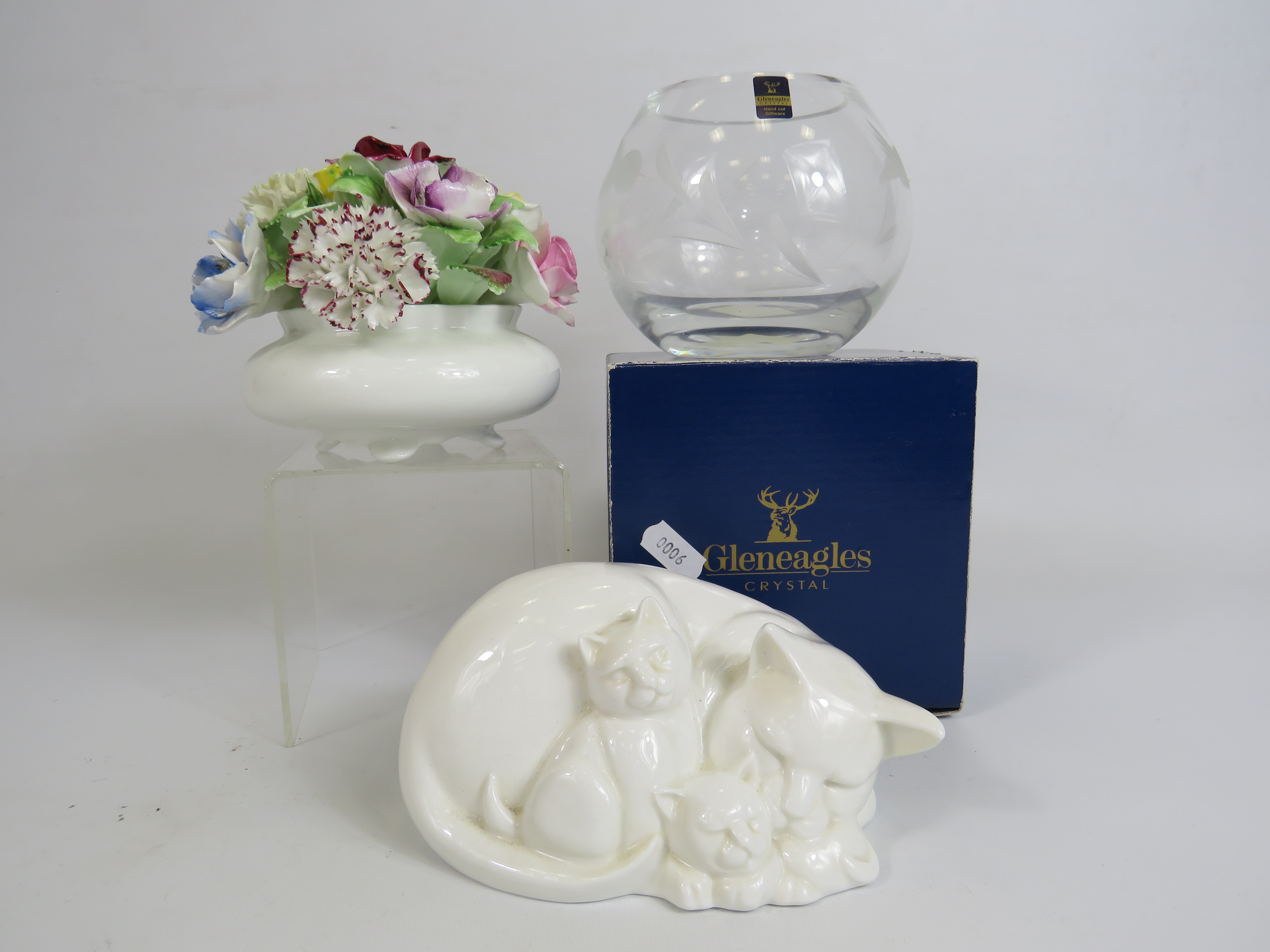 Moments by Coalport cat figurine, Gleneagles Crystal bowl and a large Royal Doulton flower posy.