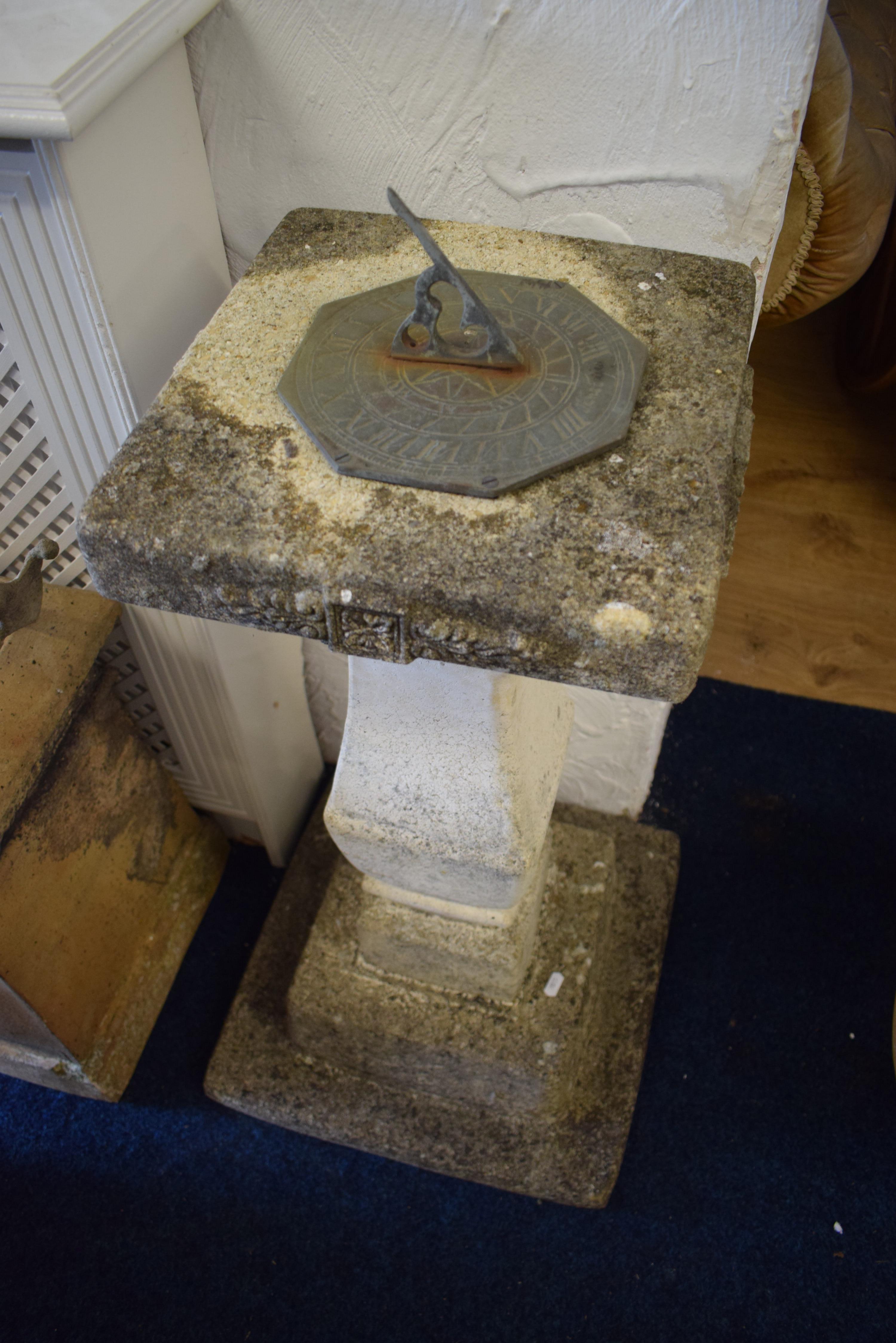 Reconstituted stone garden sundial.  H:32 inches tall. See photos.  - Image 2 of 2