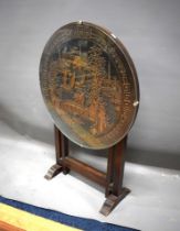 Tilt top table with glass top. Oriental carving under glass top. Measures approx H:24 x Diameter of