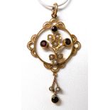 Art Nouveau 9ct Yellow Gold Pendant set with Garnets and Seed pearls. Approx 50mm long.  3.0g