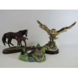Danbury Mint train sculpture, Leonardo horse figurine and a Crosa Owl figurine, the tallest measures