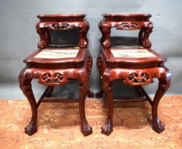 Pair of Oriental Chinese bookend side tables with marble top. Rosewood body. H:30 x W:16 x D:25 See