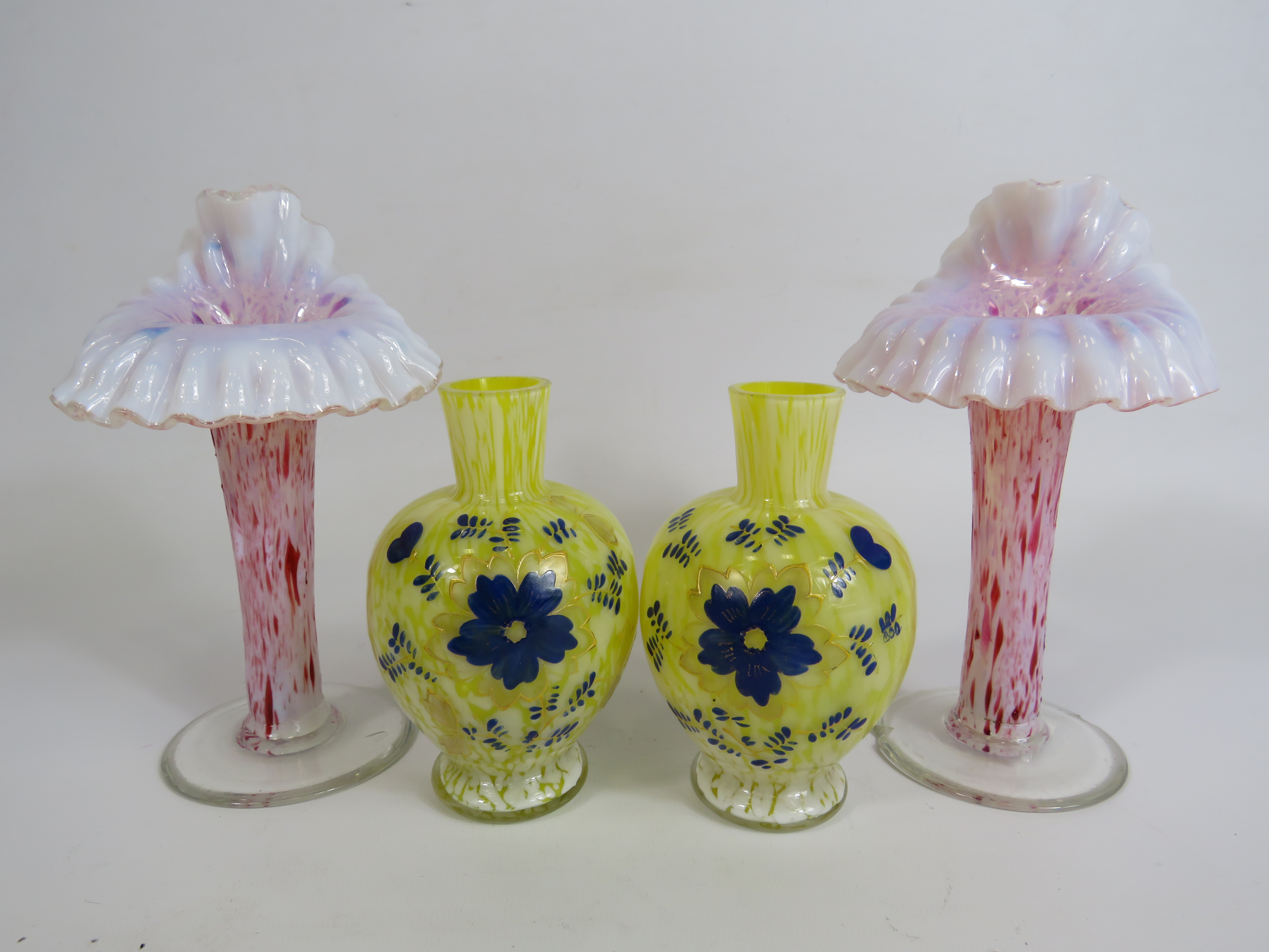 Two opaline vintage jack in the pulpit vases and 2 uranium splatter glass vases, some chips to the - Image 3 of 3