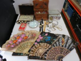 Mixed Lot to include Jewellery box and costume contents, Dominoes, Watches plus fans. See photos.