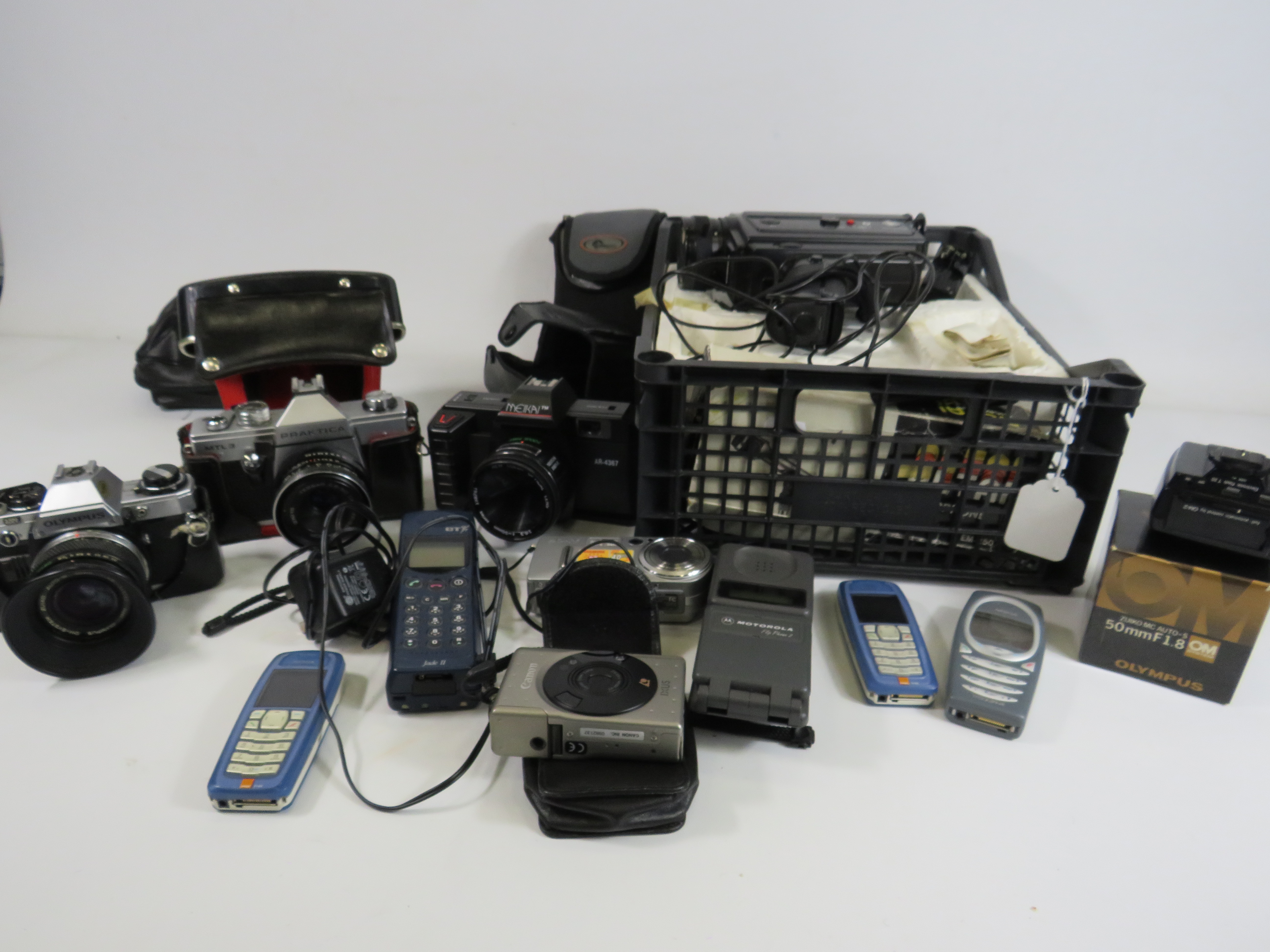 Large selection of vintage Cameras and mobile phones, including Practika, Olympus etc.