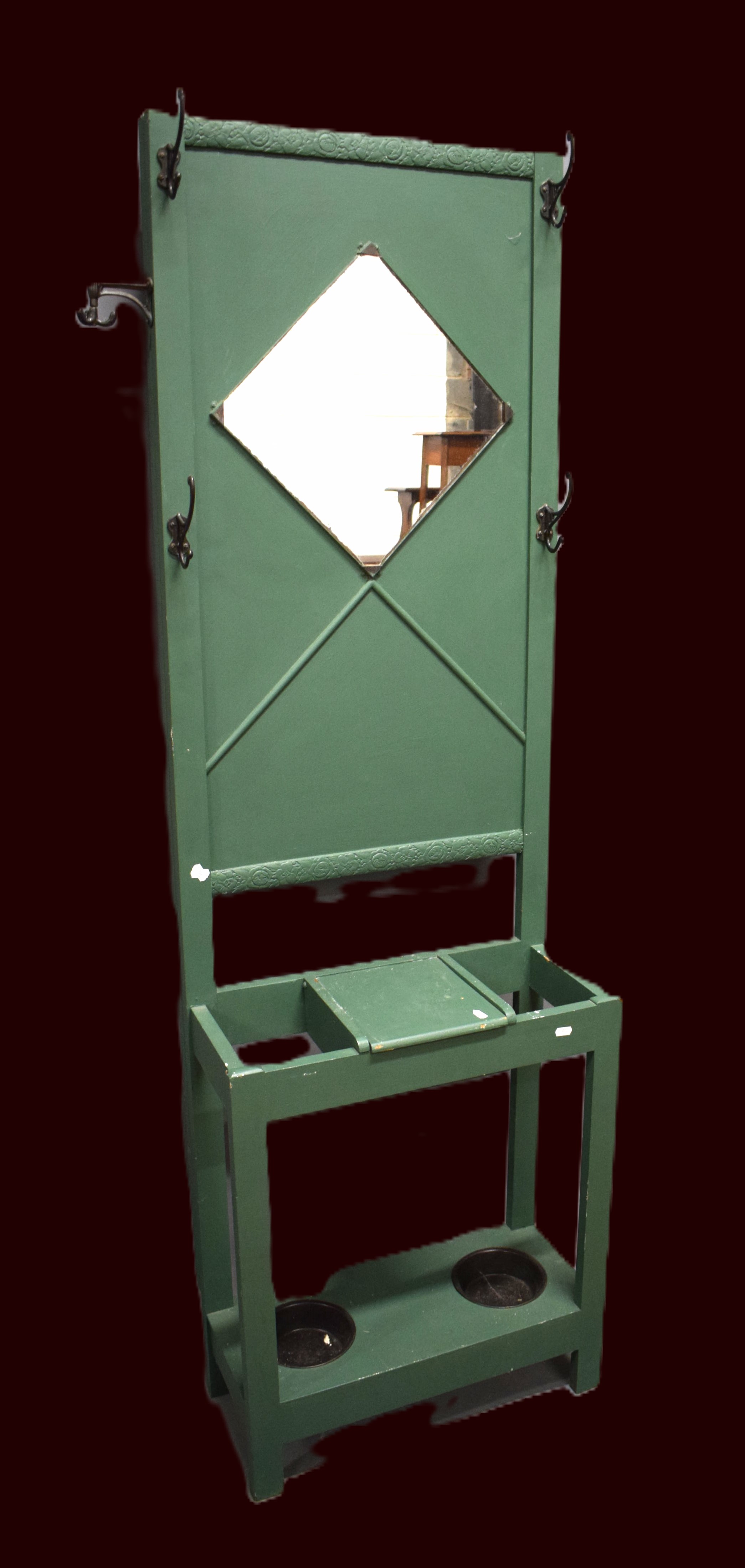 Vintage Hallstand overpainted green, drip tray to bottom.  Approx measurement H:72 x W:22 x D:10 inc - Image 2 of 2
