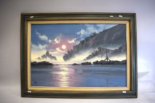 Oil on canvas of an esturary scene signed owens 27 x 36 inches. See photos. S2