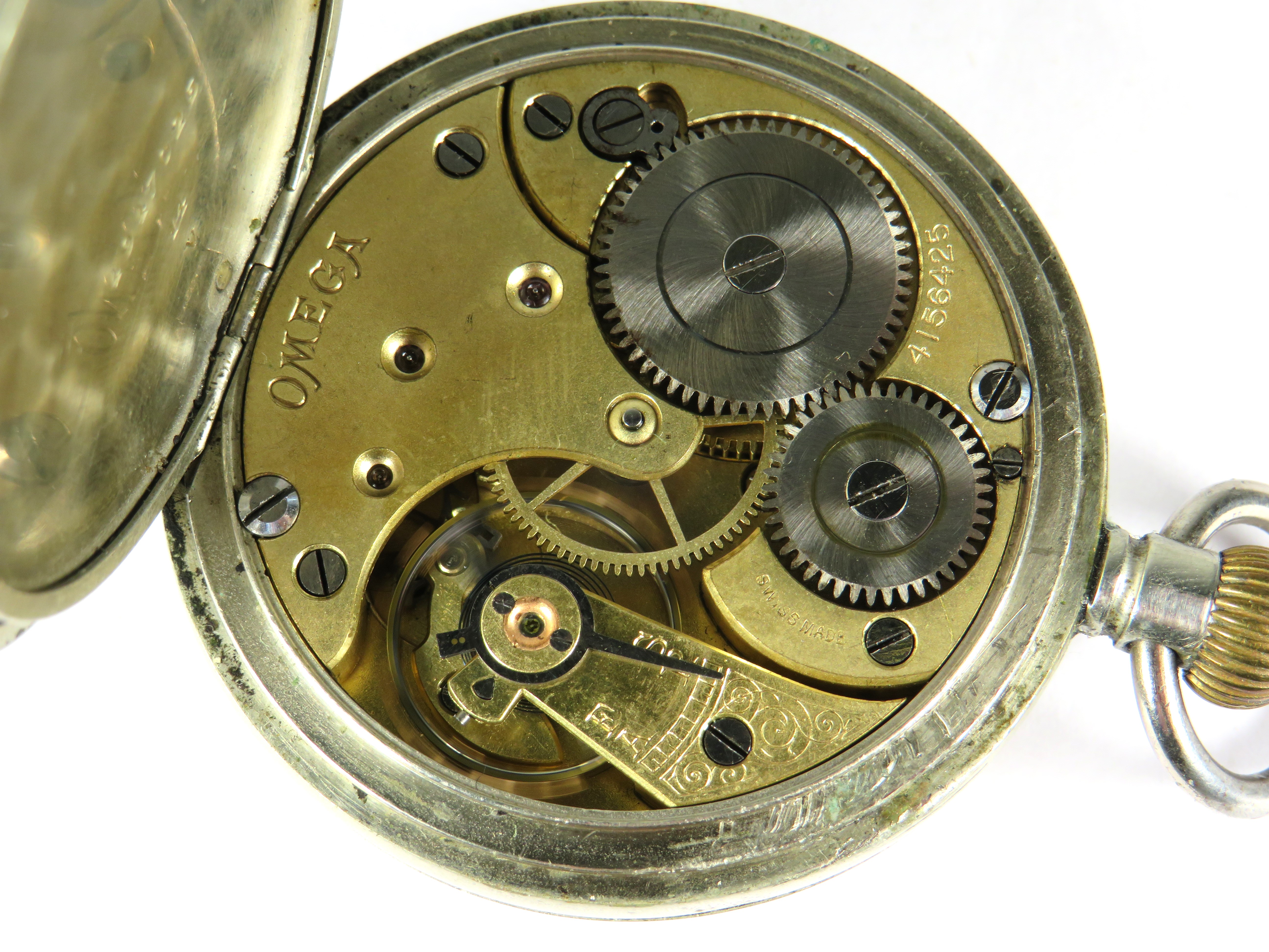 Vintage Omega Pocket watch in Steel case. Crown wind. Enamel face, gold hands with subidiary dial. R - Image 5 of 5