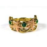 Clagau Yellow Welsh Gold Ring set with Emeralds in a Celtic Design.  Finger size 'M'    3.6g