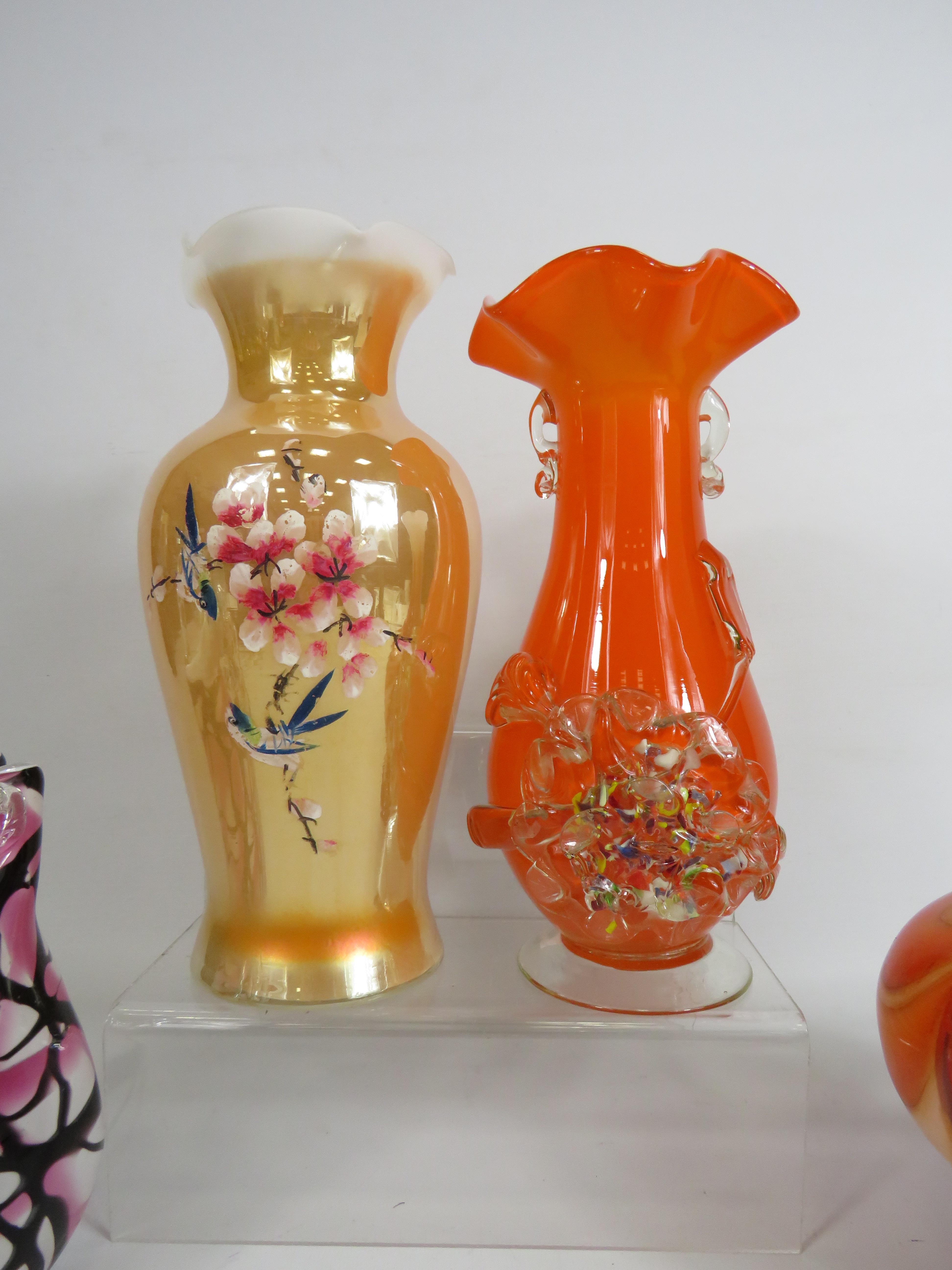 Mid Century Carlo Moretti murano art glass jug, plus two other art glass vases and a art glass bag. - Image 3 of 4