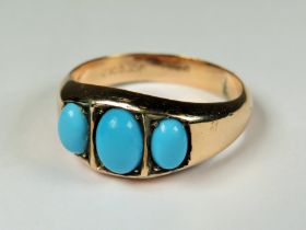 9ct Yellow Gold Ring set with Triple Turquoise.  Finger size 'R-5'   2.8g