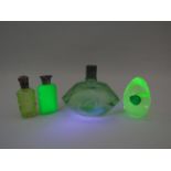 3 Uranium glass scent bottles and a paperweight by Murano.