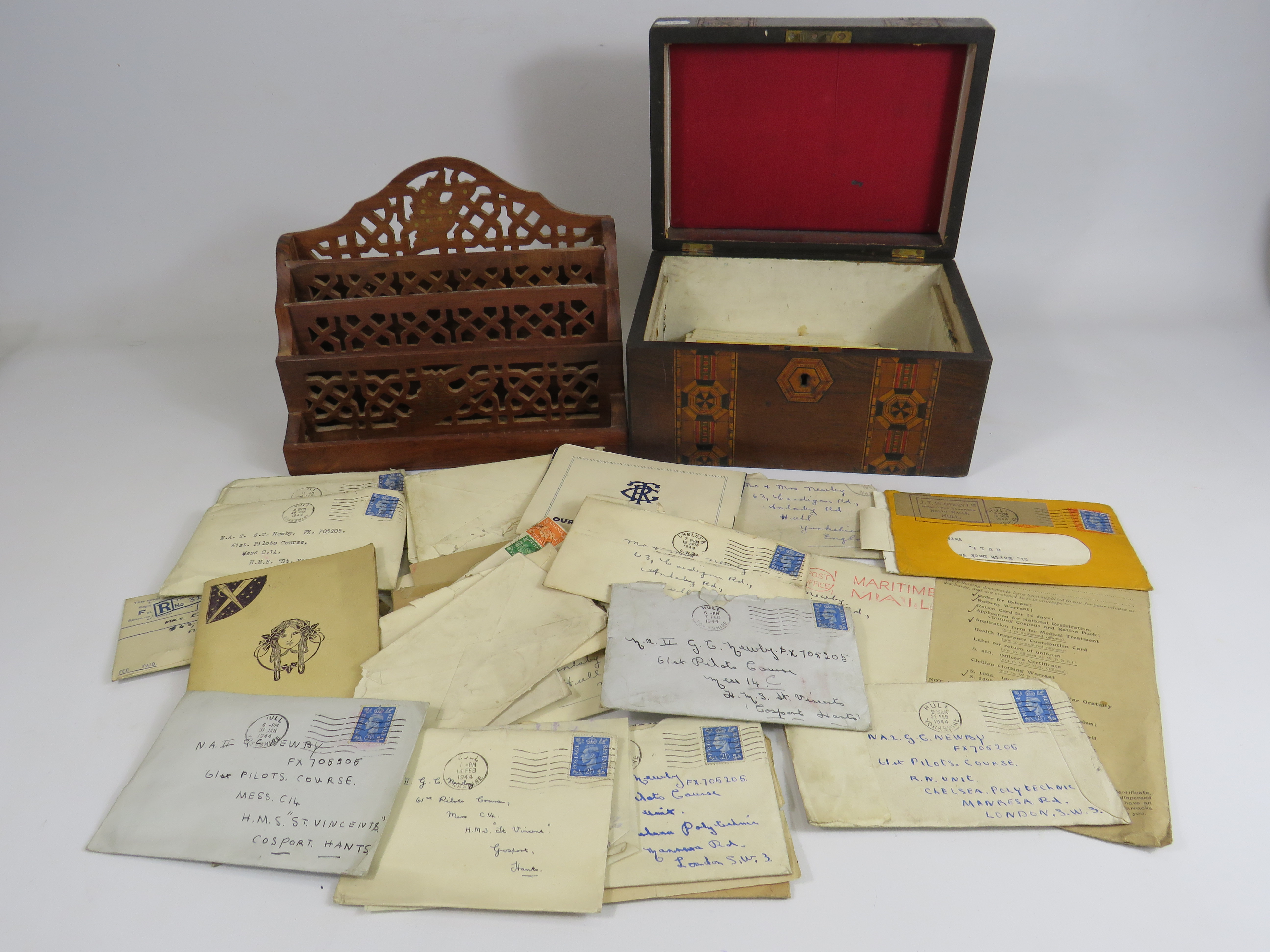 Wooden keepsake box with a collection of Military letters / Ephemera and a wooden waterfall letter