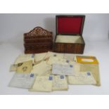 Wooden keepsake box with a collection of Military letters / Ephemera and a wooden waterfall letter