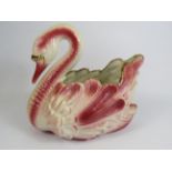 Large Staffordshire pink and gold ceramic swan planter, 31cm tall and 33cm long.