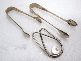 Two Silver Hallmarked Sugar Nips plus a Hallmarked Silver Scarf clip. Total weight 37g