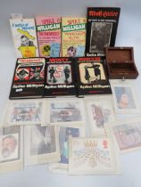 Selection of old Spike Milligan books, Selection of Royal Mail Stamp postcards , plus a small woode
