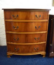 Reproduction bow fronted chest with hardwood veneer. Four drawers of good size. Raised on bracket f