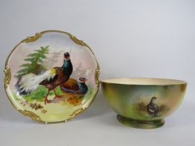 Transfer printed Limoges plate decorated with pheasants and a German transfer print bowl decorated