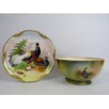 Transfer printed Limoges plate decorated with pheasants and a German transfer print bowl decorated