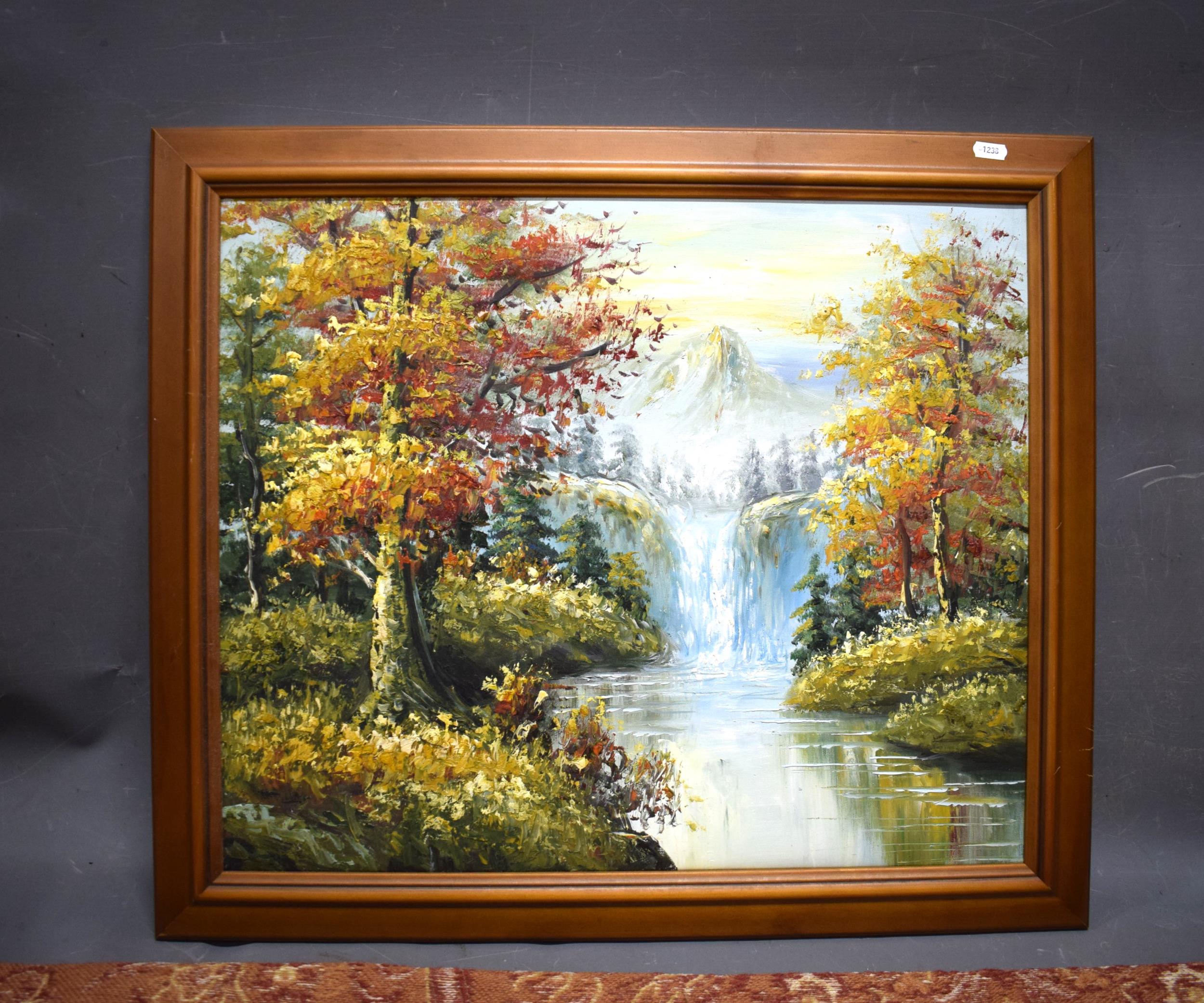 Oil on Canvas of woodland river scene. Frame size approx 24 x 28 inches. See photos.  S2