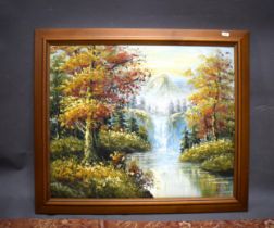 Oil on Canvas of woodland river scene. Frame size approx 24 x 28 inches. See photos. S2