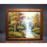 Oil on Canvas of woodland river scene. Frame size approx 24 x 28 inches. See photos.  S2