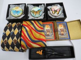 Mixed lot to include three boxed and unused ceramic trinket pots with butterfly emblem lids together