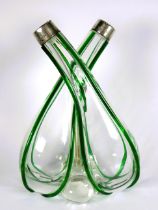 Pretty Green Tube lined Continental Glass Double Bud Vase with Silver collars. Hallmarked for Birmin
