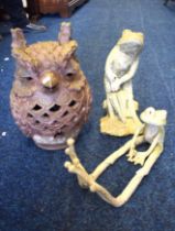 One terracotta one eared owl with two stone garden frogs. See photos.