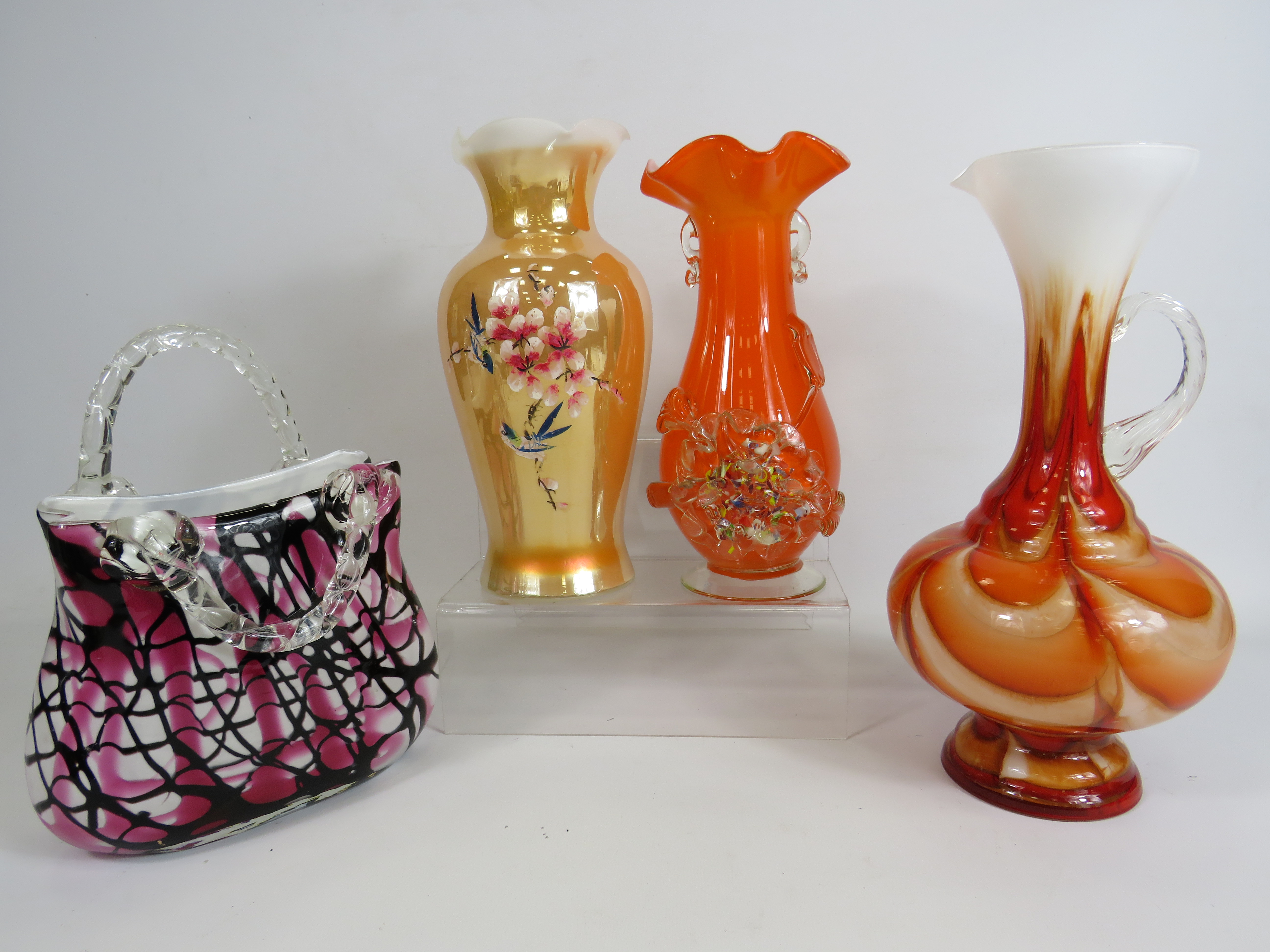 Mid Century Carlo Moretti murano art glass jug, plus two other art glass vases and a art glass bag.
