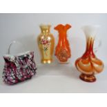 Mid Century Carlo Moretti murano art glass jug, plus two other art glass vases and a art glass bag.