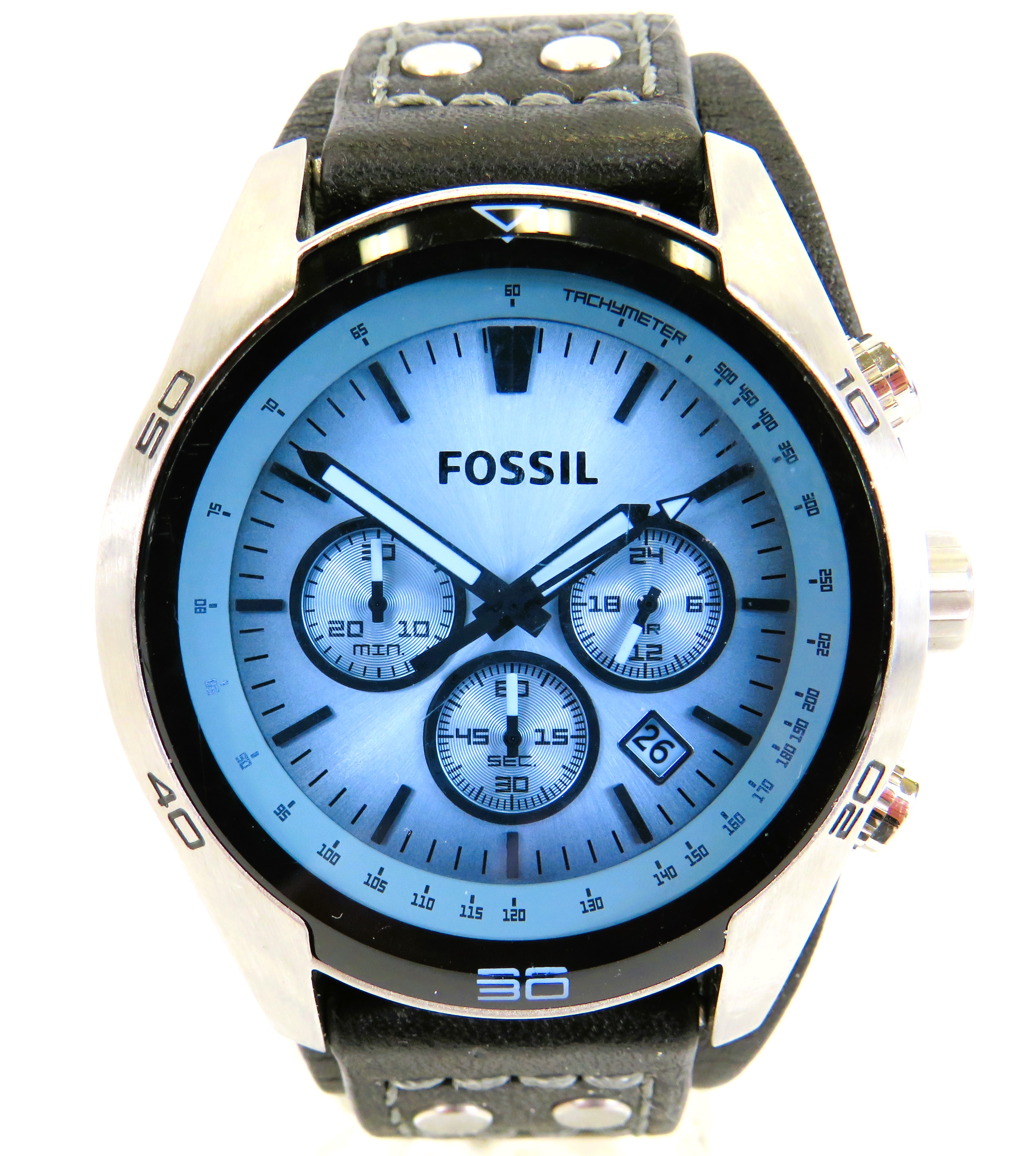 Gents Fossil Quartz Chronograph with thick leather strap in excellent conditon. Running order. See p