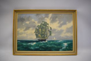 Oil on Canvas of Ship under sail measures approx 25 x 34 inches. See photos
