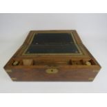 Antique wooden writing box with brass inlay, 17.5" long, 10" deep and 7" tall. Requires some Tlc.