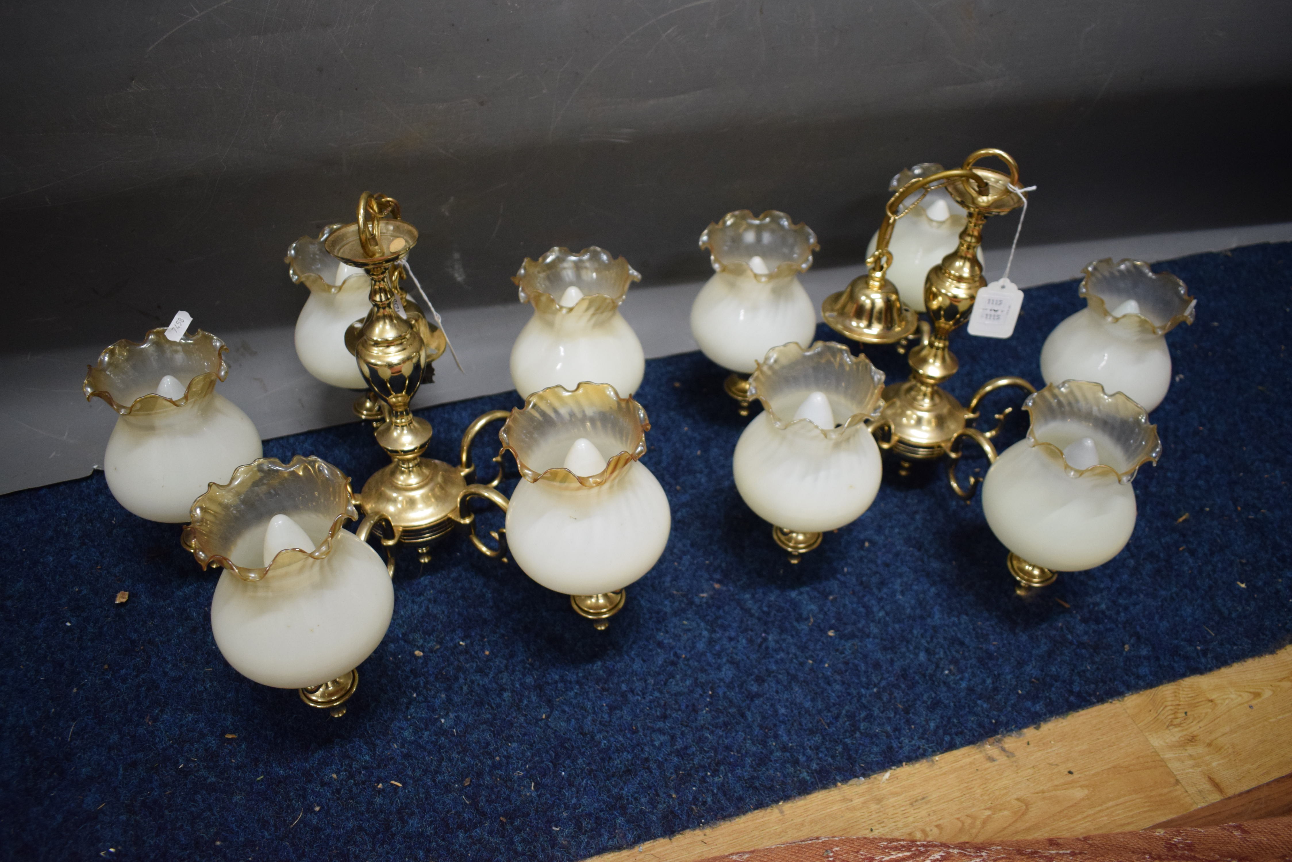 Brass based Five branch Ceiling lamps with opaque shades (one with damage) plus Brass based Five bra - Image 2 of 3