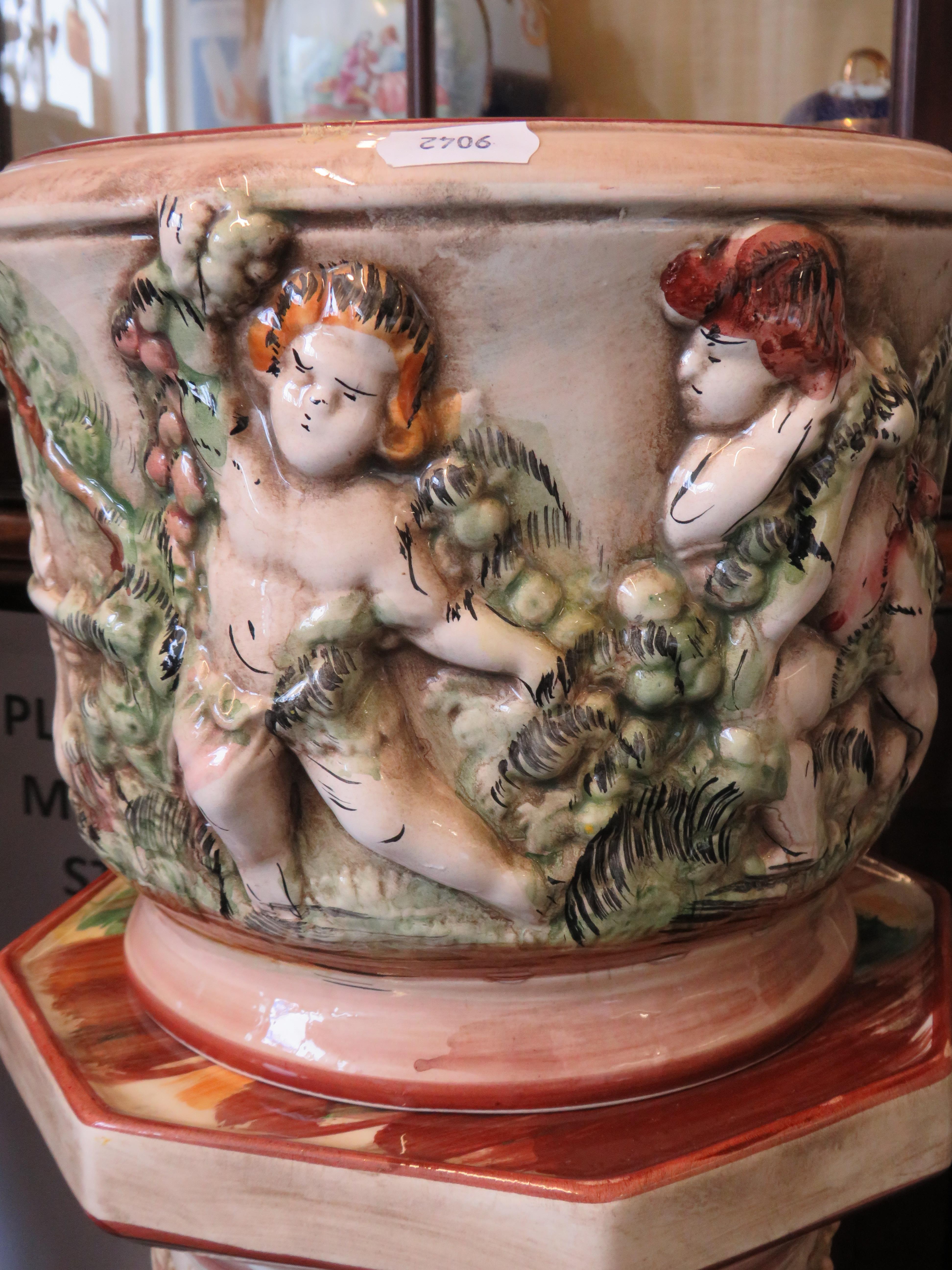 Two Capodimonte Jardineres decorated with cherubs, 32.5" to top of plant pot. - Image 3 of 4