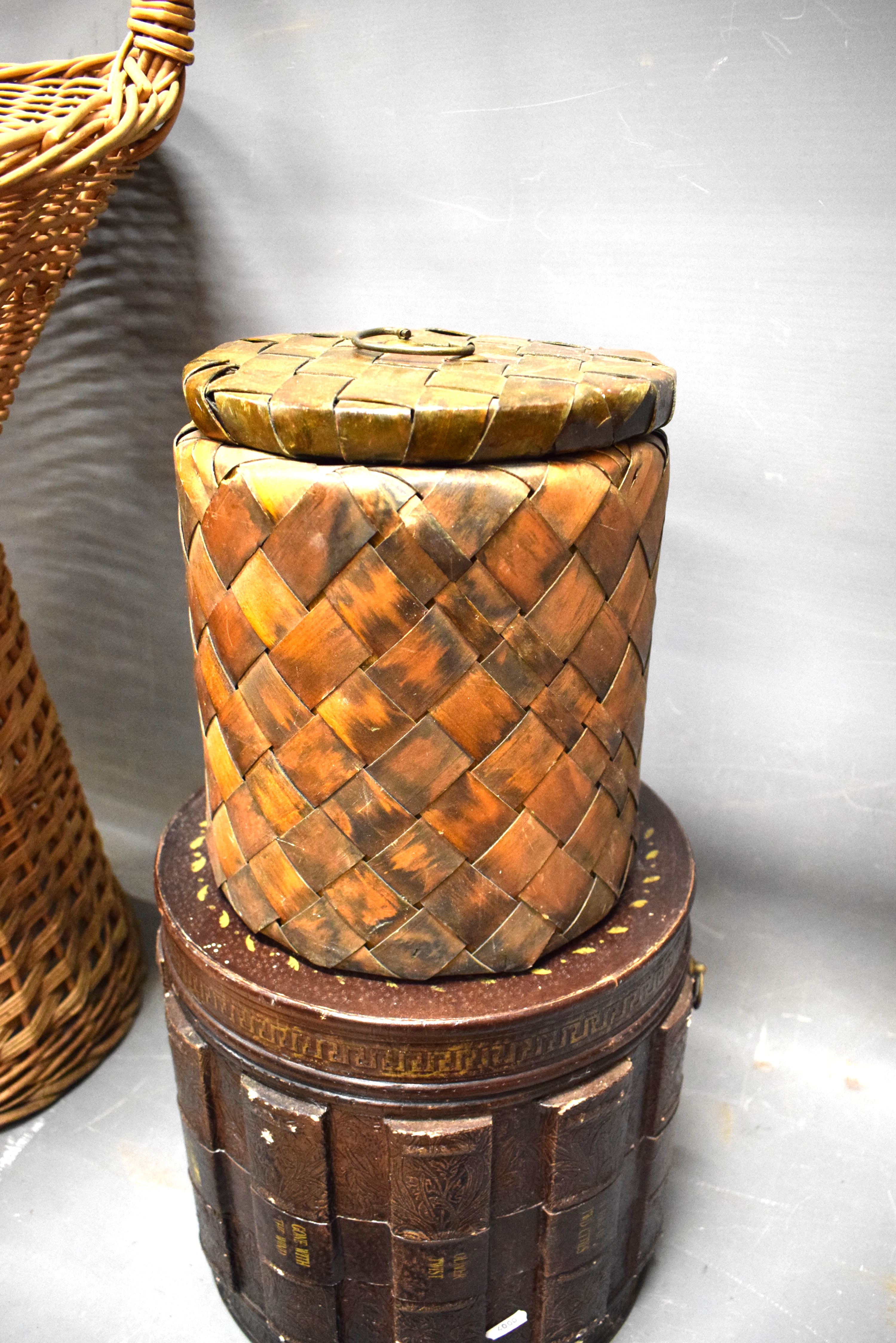 Large wicker basket on stand. Could make log basket plus two ornamental storage bins.  See photos.  - Image 3 of 3