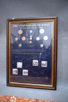 Framed Print of the 60th Anniversary of 'D' day with commeorative coins and stamps CoA to reverse,.