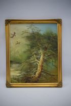 Oil on Board of Ducks rising from a lake. Frame size 22 x 18 inches. See photos S2