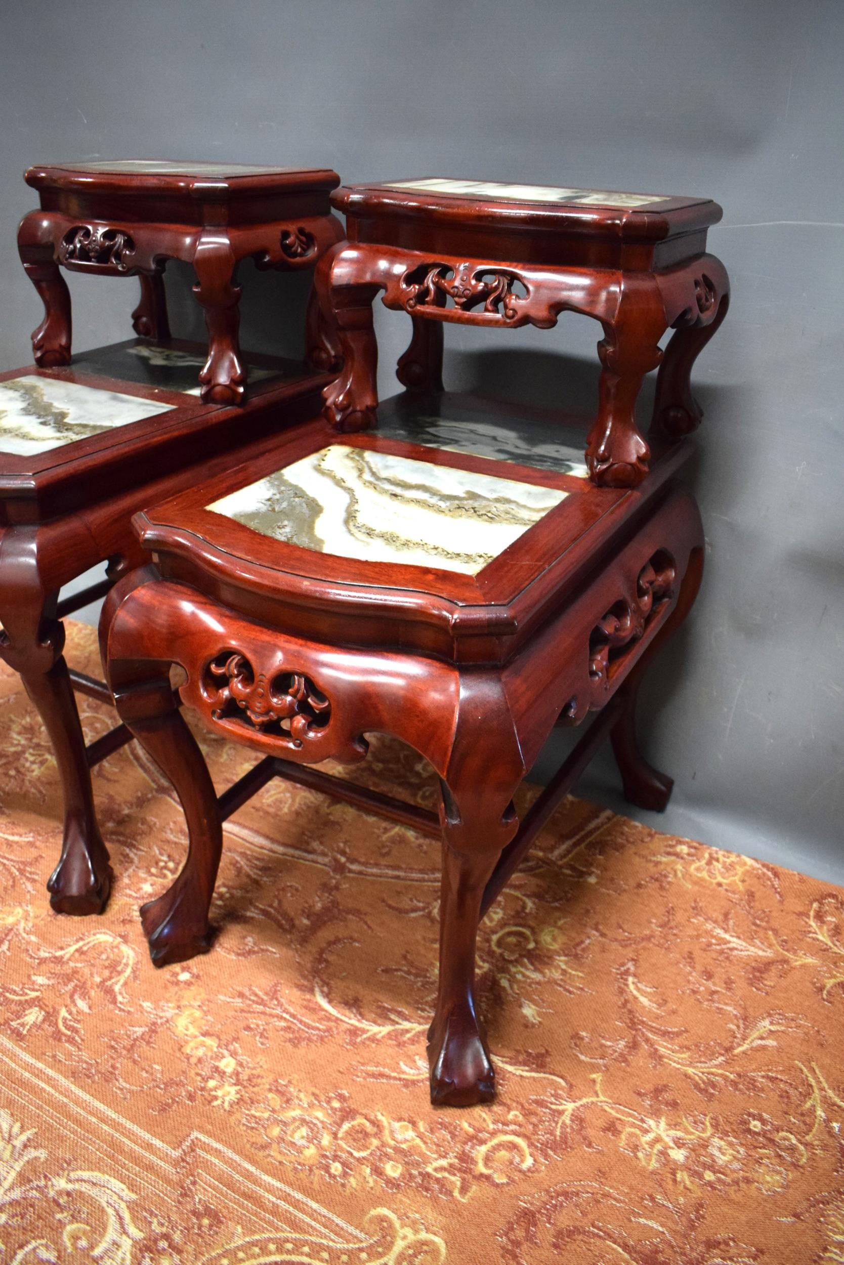 Pair of Oriental Chinese bookend side tables with marble top. Rosewood body.  H:30 x W:16 x D:25 See - Image 2 of 3