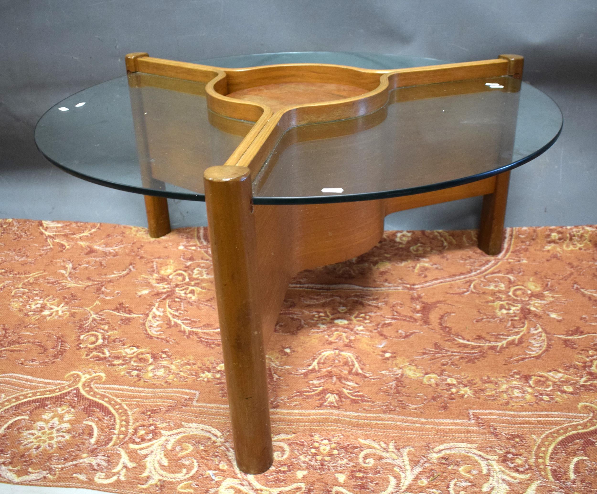 Nathan Low Coffee table with Glass top on Tripod Thermoform base.. H:18 x Diameter 39 inches. See ph