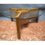 Nathan Low Coffee table with Glass top on Tripod Thermoform base.. H:18 x Diameter 39 inches. See ph