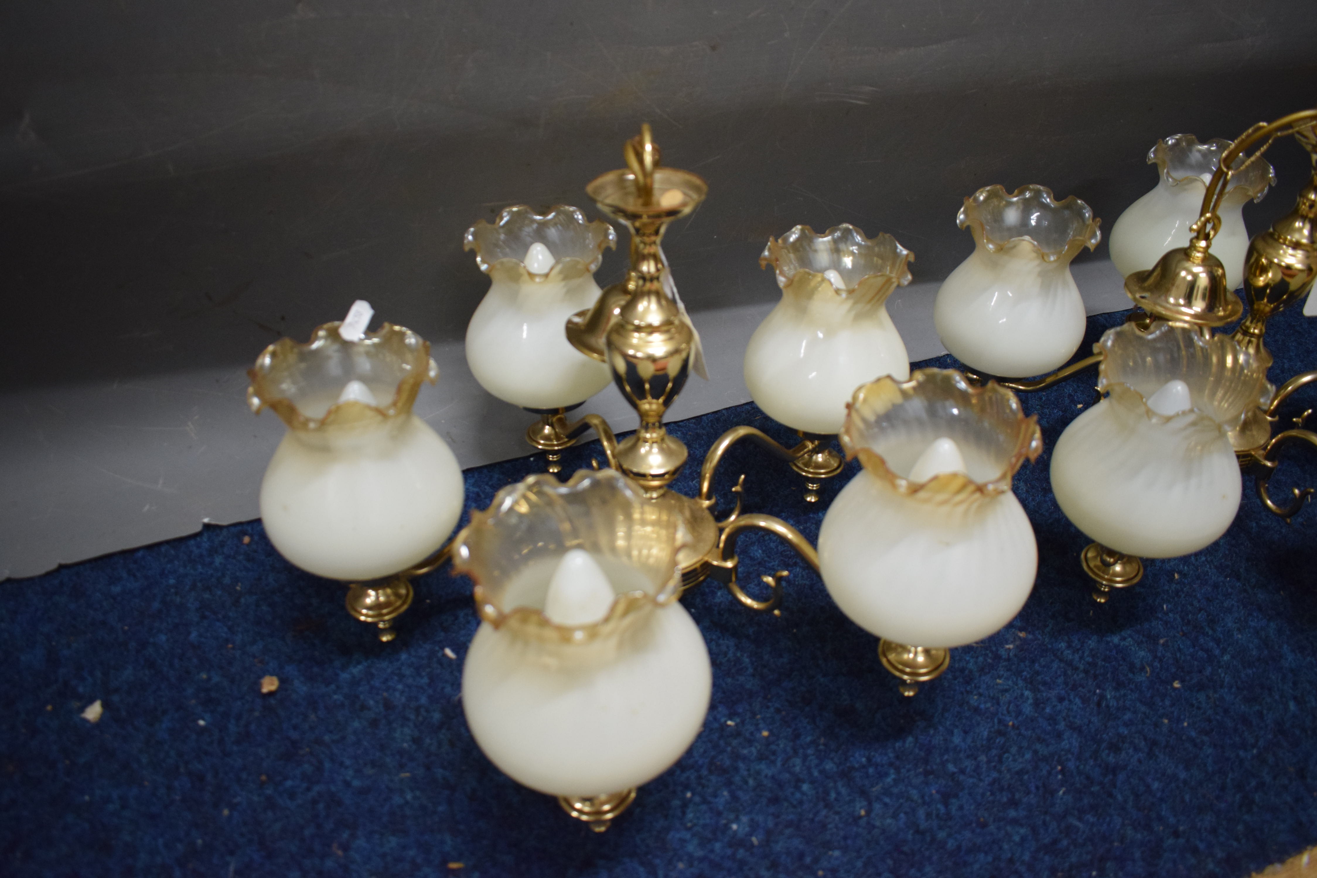 Brass based Five branch Ceiling lamps with opaque shades (one with damage) plus Brass based Five bra - Image 3 of 3