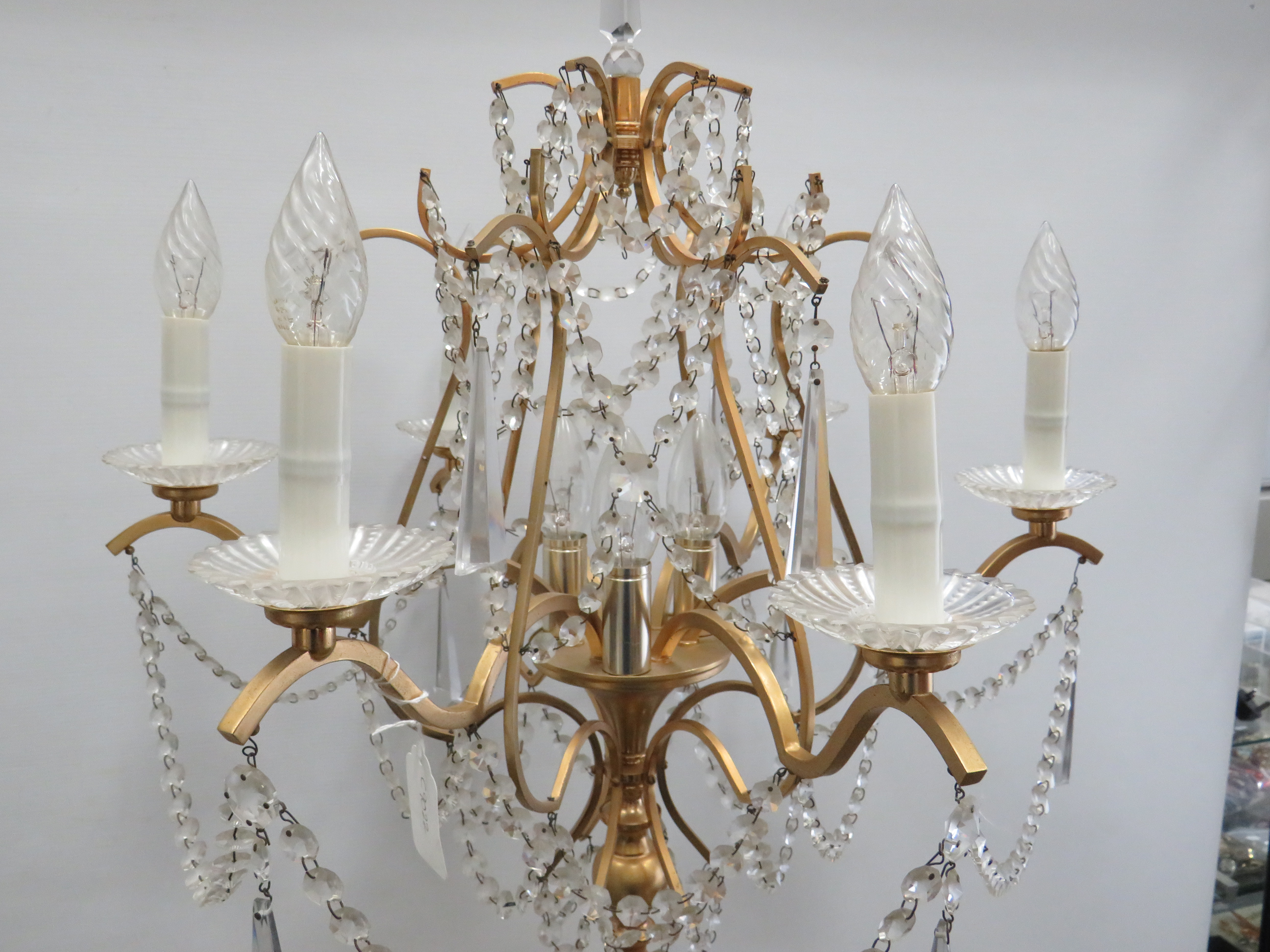 Brushed metal brass effect Standard lamp with 9 Candle bulbs and hanging glass lustres. Approx 67 in - Image 5 of 7