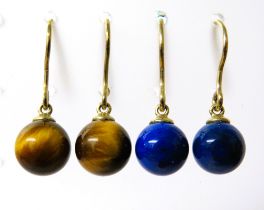 Two Pairs of 9ct Yellow Gold Earrings set with Tigers Eye and Lapis. See photos.