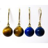 Two Pairs of 9ct Yellow Gold Earrings set with Tigers Eye and Lapis.  See photos. 